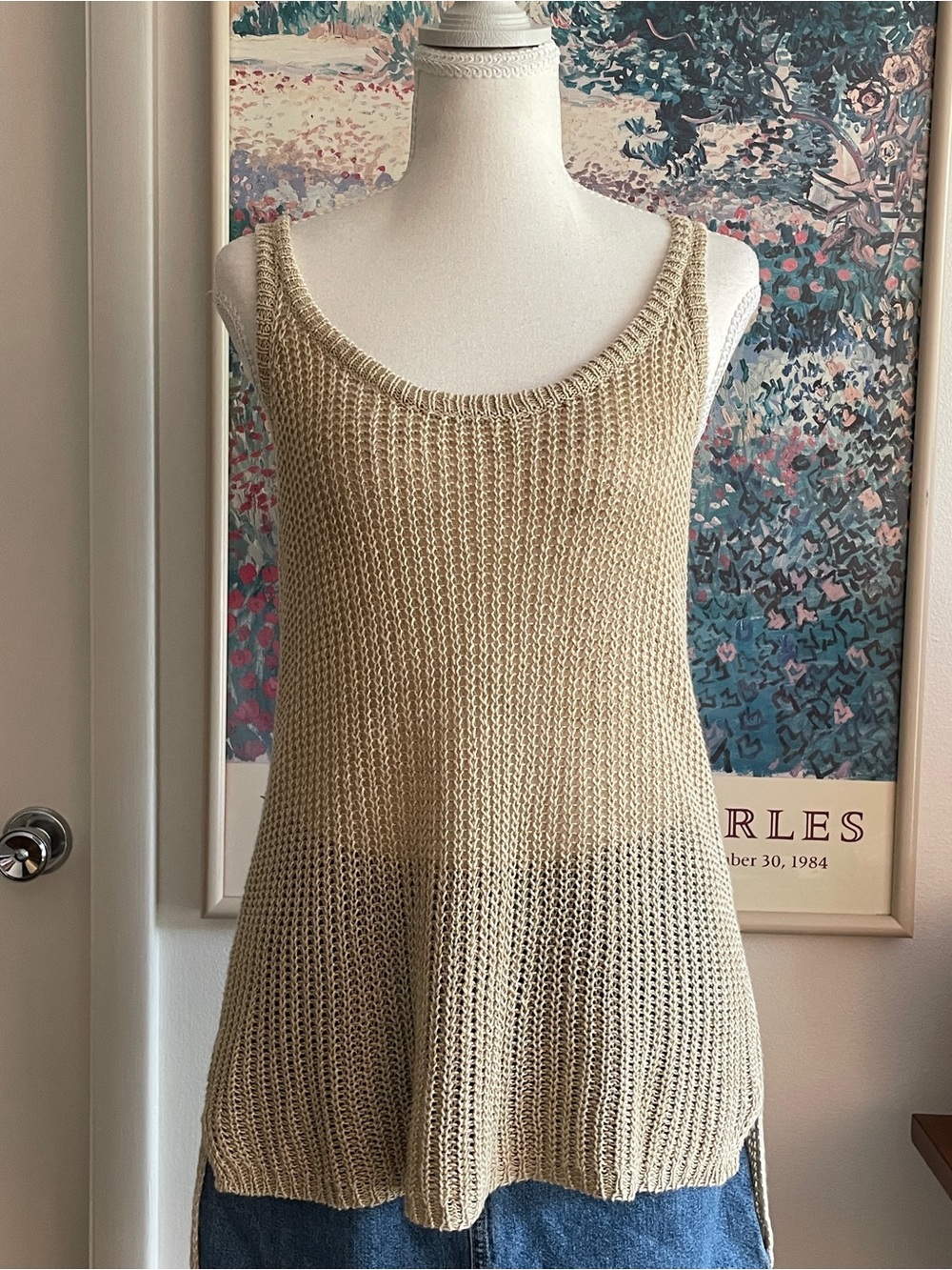 Polo Ralph Lauren 100% Linen Open Knit Crochet Tank Top Tan Scoop Neck Boho Sz M